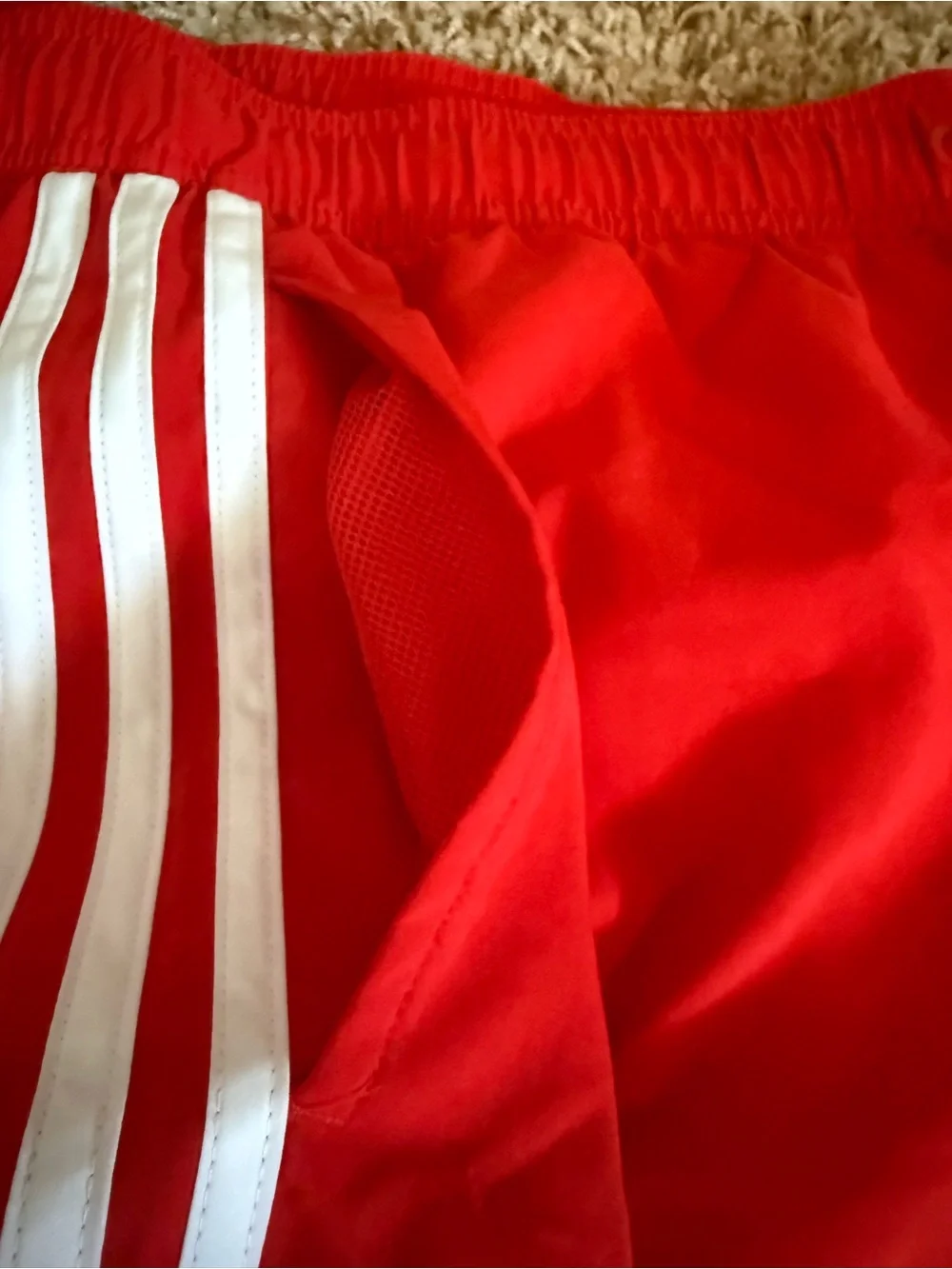 Mens Adidas Red Performance Classic Length 3-Stripes Swim Shorts